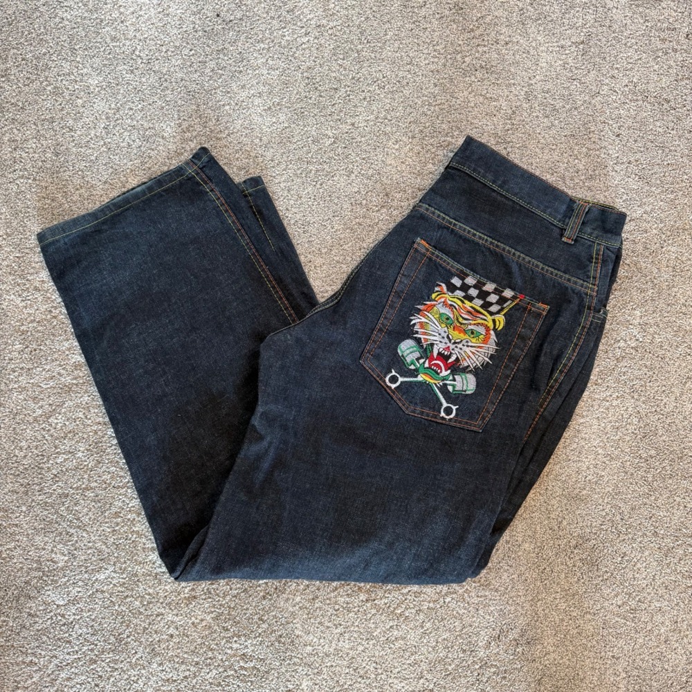 Ed Hardy Style Wash Wide Leg Jeans Tiger Piston Embroidery Y2K Streetwear 34x30